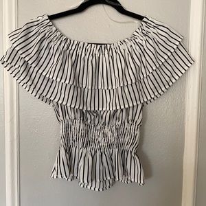 White and black striped off the shoulder top